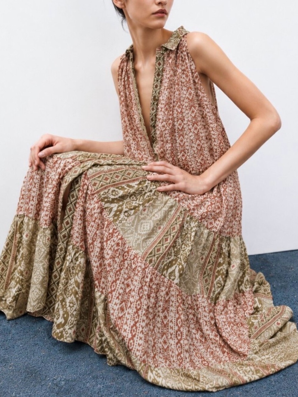 Zara | The Serena Boho Tiered Boho Aztec Print Flowy Midi Button Front Dress XS